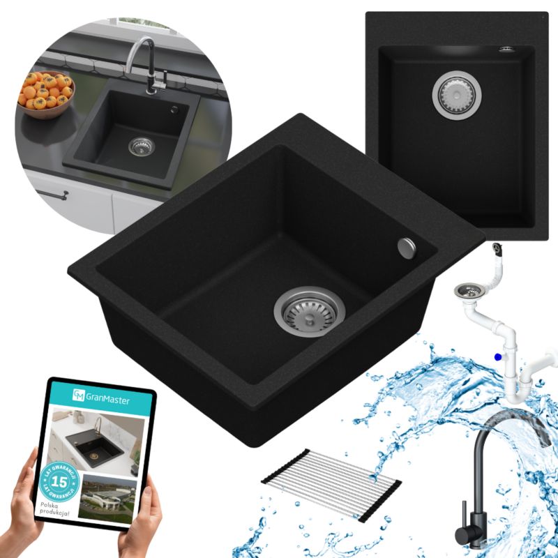 Zestaw zlewozmywak kuchenny GranMaster Ivo 1-komorowy z baterią, syfonem i roll matą, czarny metalik 1szt.