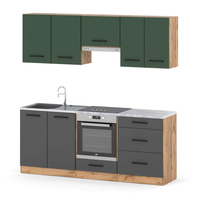 Zestaw Kuchenny Hurtownia-Mebli Z Blatem Kuchnia Mini Mokka Full 200cm Dąb Wotan Butelkowa Zieleń/Szary Mat 200x47x145 cm 1szt.