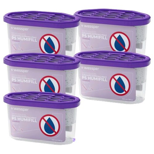 Pochłaniacz wilgoci, Wessper P5 HUMIFILL, osuszacz powietrza, jednorazowy, przeciwko wilgoci, lawendowy, 400ml, 9m2, 42 dni, 5szt