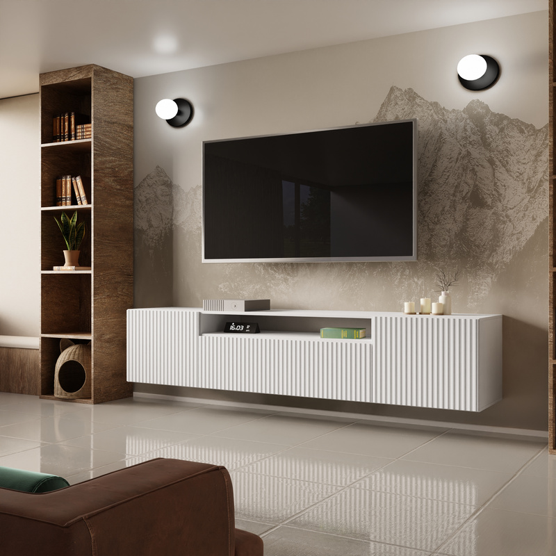 Biała szafka RTV wisząca 200 cm do salonu TAVIO frezowana