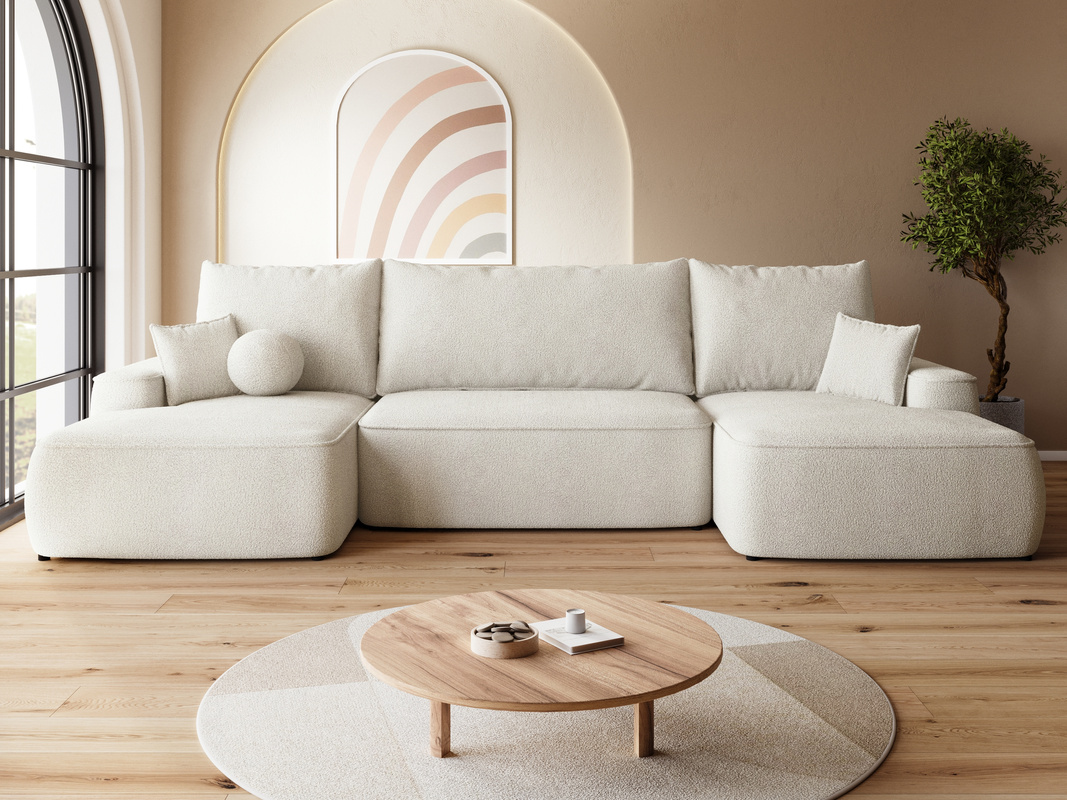 Nowoczesna kanapa narożna boucle z funkcją spania CARMELLO U beż