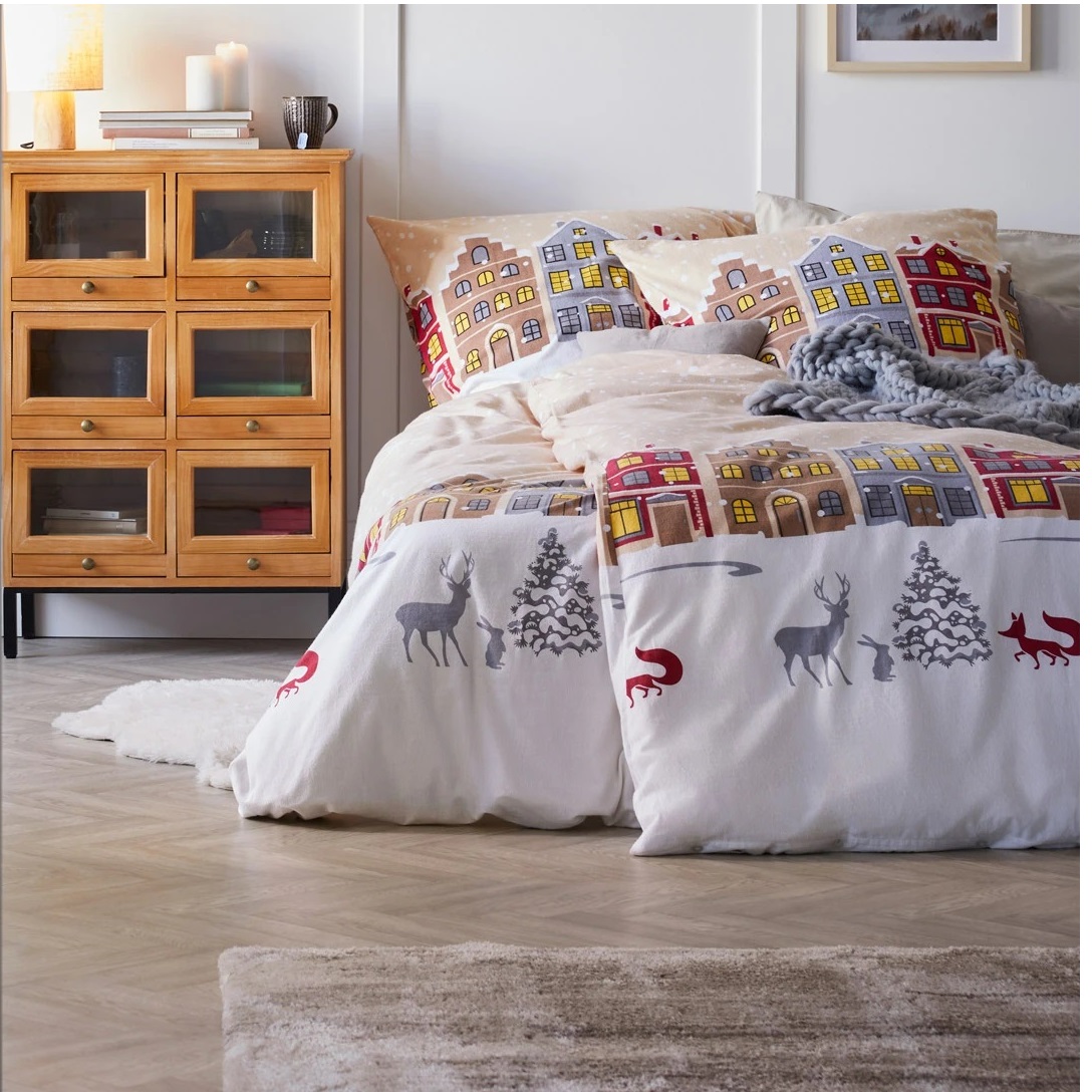 Komplet pościeli świątecznej flanela Miasteczko Zimowe 140x200 cm BX