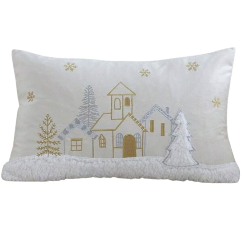 Poszewka świąteczna na poduszkę haftowane domki z pluszem 30x50cm ns