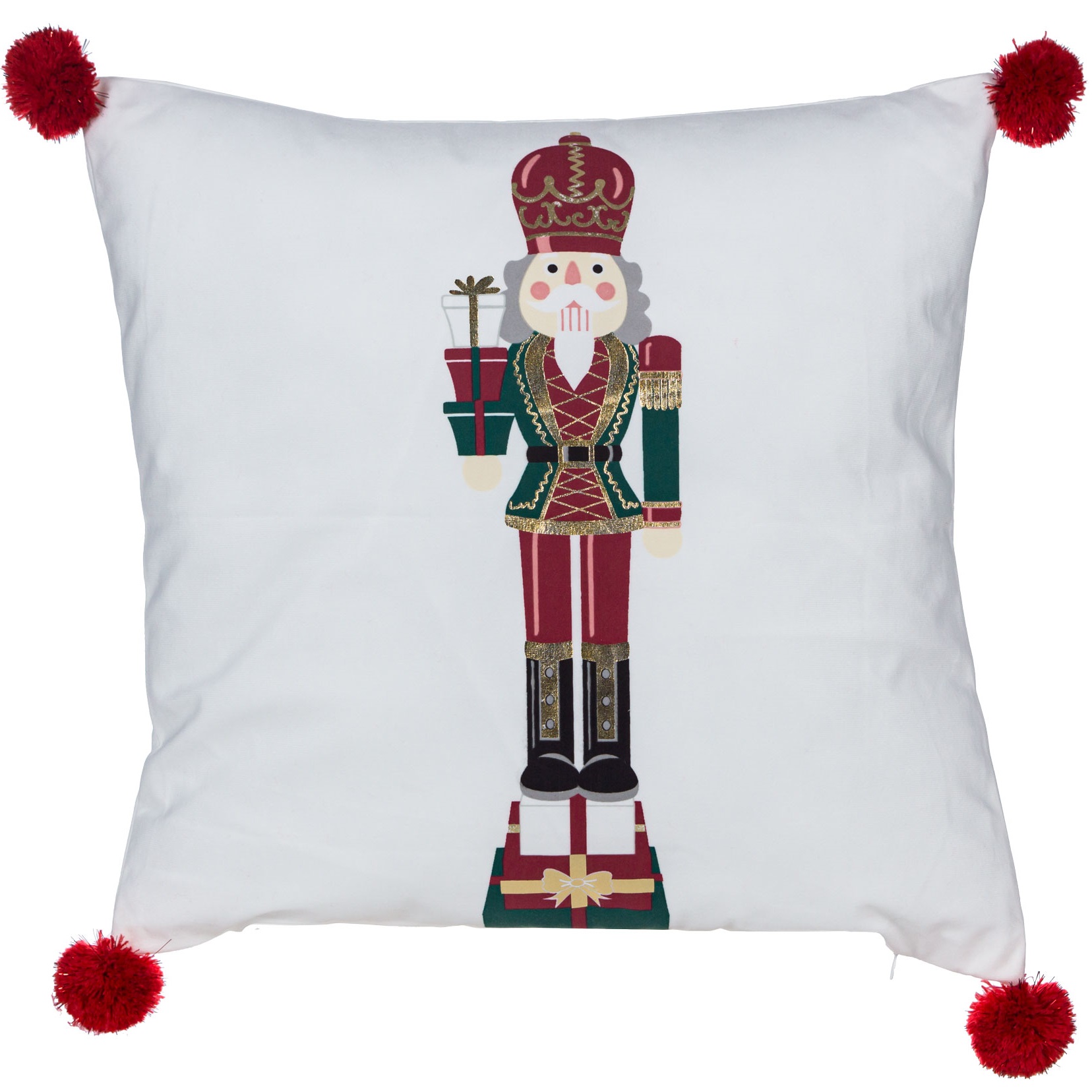 Poszewka świąteczna dziadek do orzechów czerwień z pomponami 45×45 cm BW