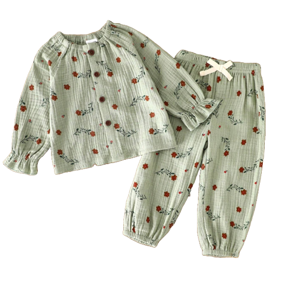 Komplet muślinowy koszula + spodnie Kwiaty i Gałązki Szałwia 9-12 miesięcy Wyprzedaż