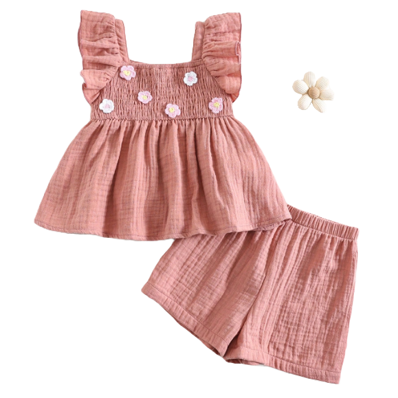 Komplet muślinowy bluzka Kwiatuszki haftowane + spodenki brudny róż ecru NS