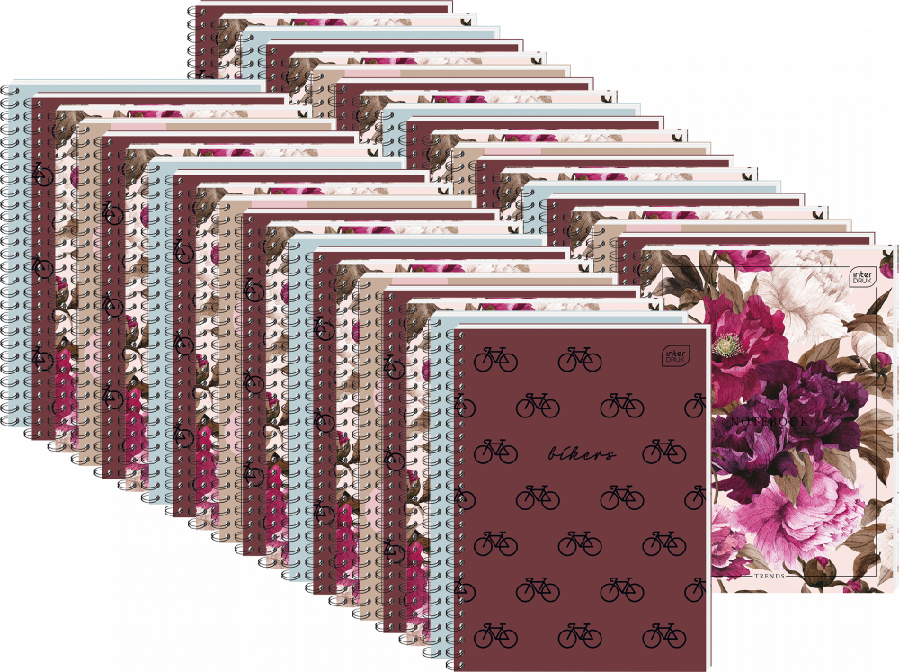 100x Kołonotatnik Interdruk, A6, w kratkę, 50 kartek, mix wzorów