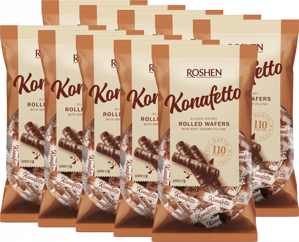 10x Cukierki Roshen Konafetto Bianco, rurki waflowe z mlecznym nadzieniem, w polewie kakaowej, 1kg