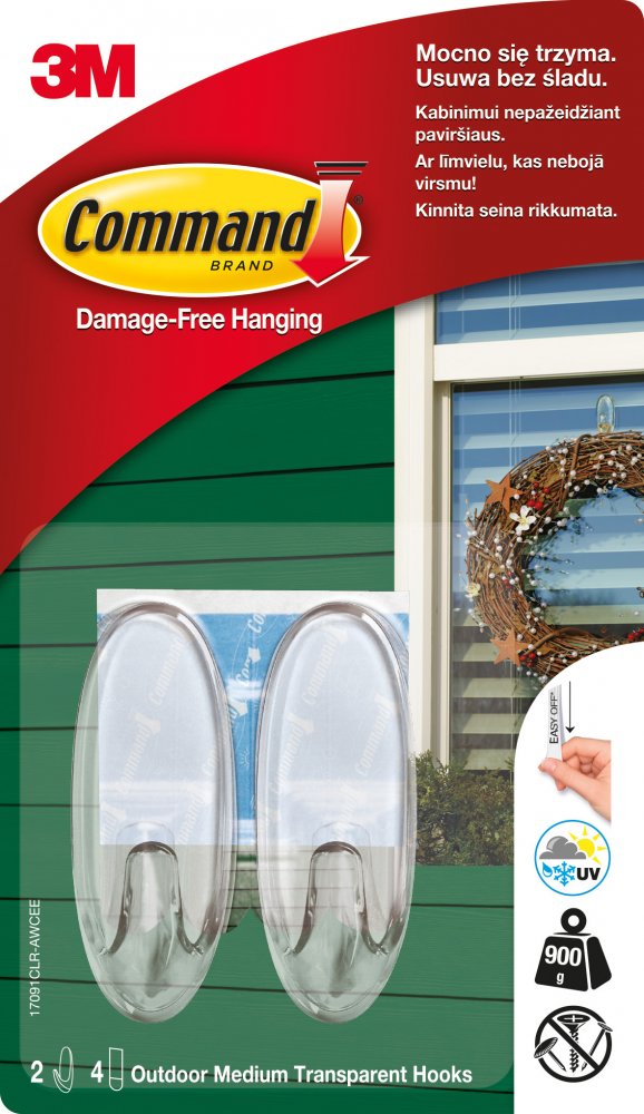 Hak wielokrotnego użytku Command Outdoor, 2 haki + 4 paski, transparentny