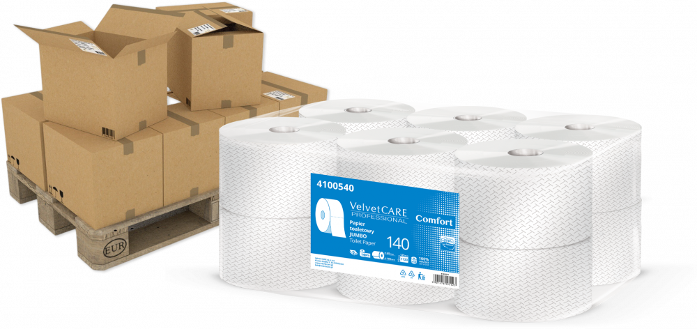 44x Papier toaletowy VelvetCARE Professional Jumbo 140, 2-warstwowy, 140m, 12 rolek, biały