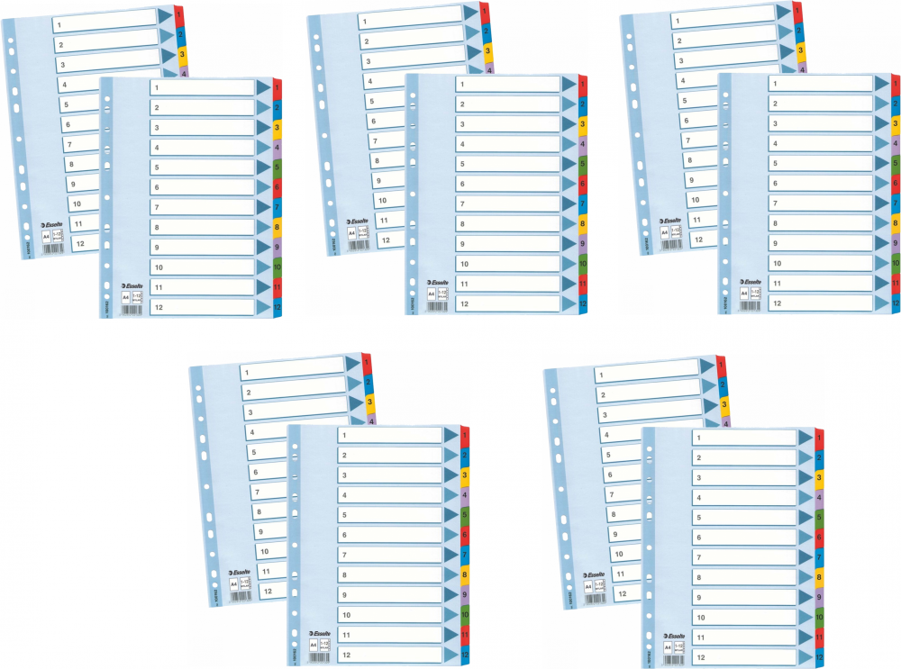10x Przekładki do segregatora Esselte Mylar, kartonowe, numeryczne, A4, 1-12 kart, mix kolorów