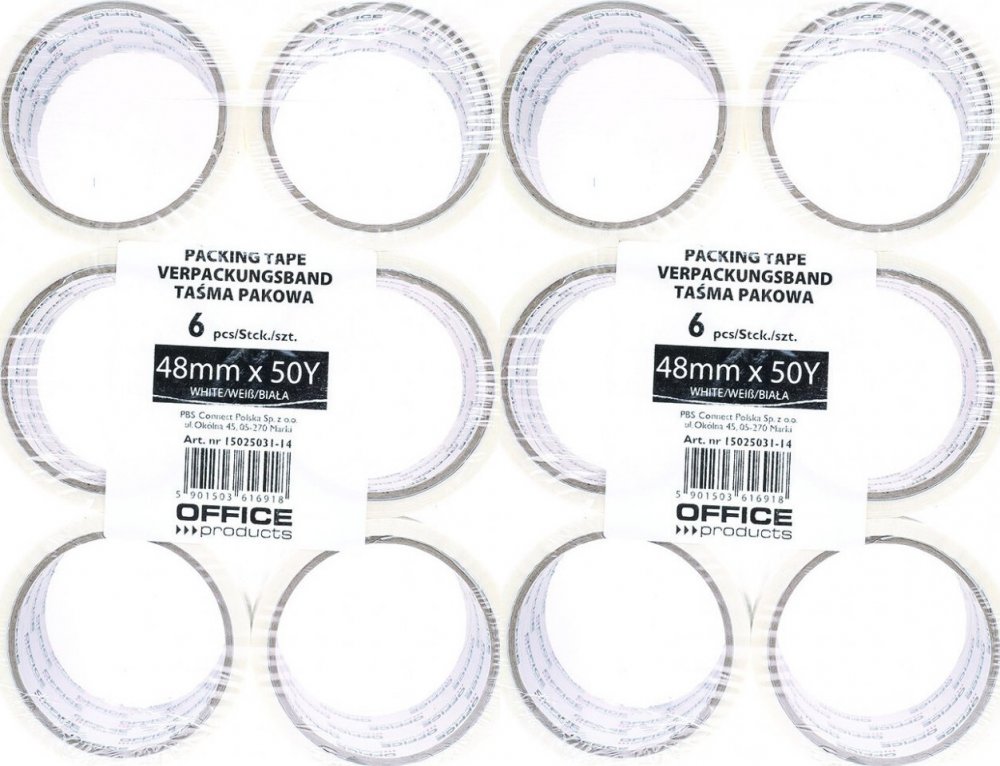 12x Taśma pakowa Office Products, akryl, 48mmx50yd, biały