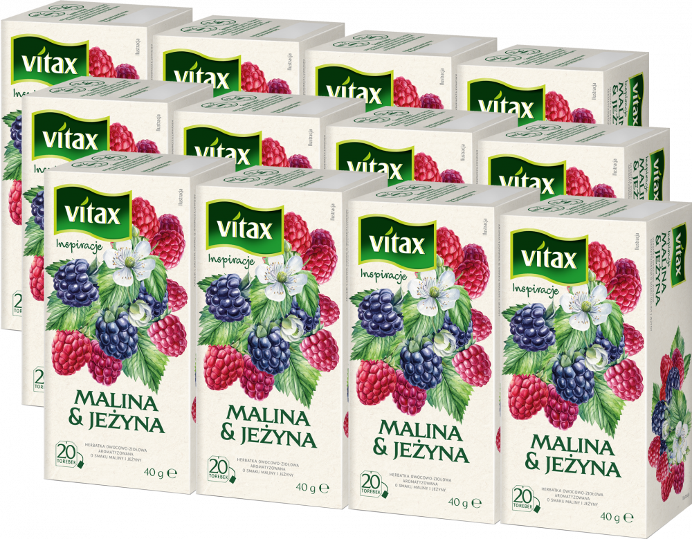 12x Herbata owocowa w torebkach Vitax Inspirations, malina i jeżyna, 20 sztuk x 2g