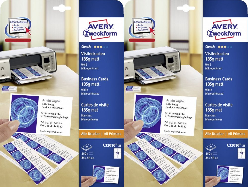 2x Wizytówki Avery Zweckform, dwustronne, z mikroperforacją, matowe, 85x54mm, 250 sztuk, biały