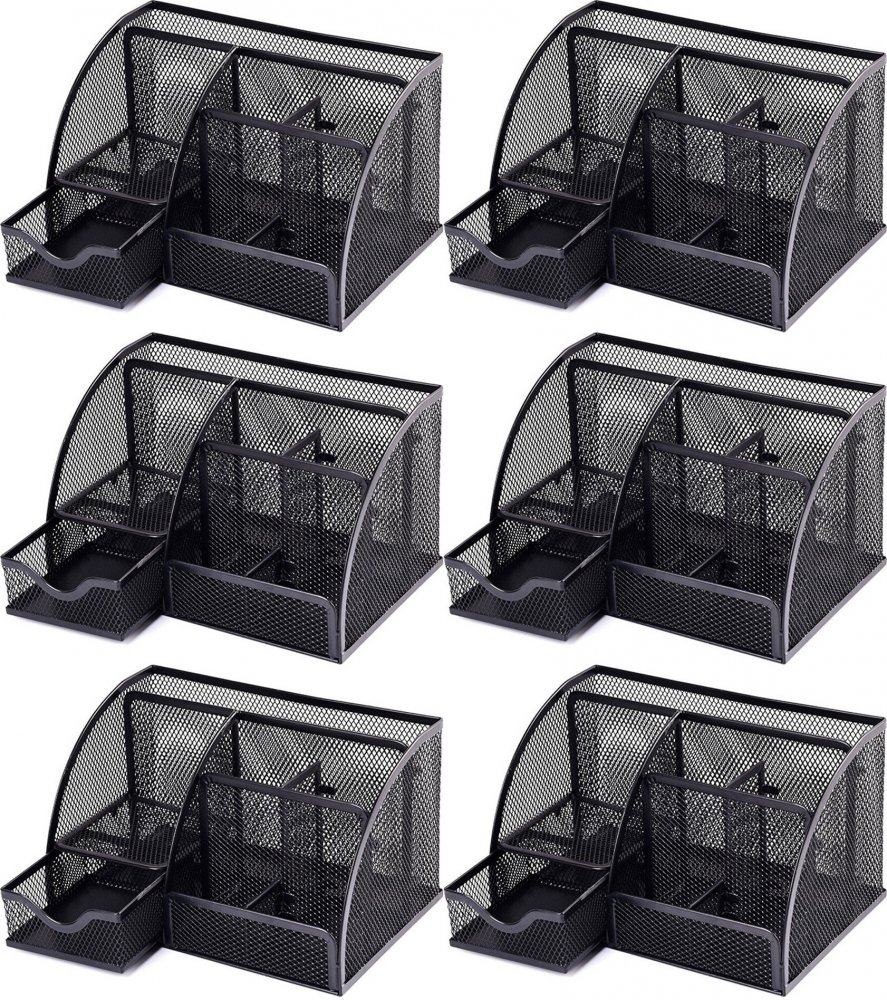 6x Przybornik na biurko Office Set, 7 przegród, 220x140x130mm, czarny