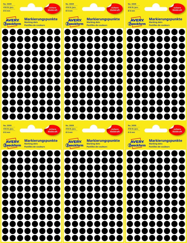 6x Etykiety oznaczeniowe Avery Zweckform, okrągłe, średnica 8mm, 416 sztuk, czarny
