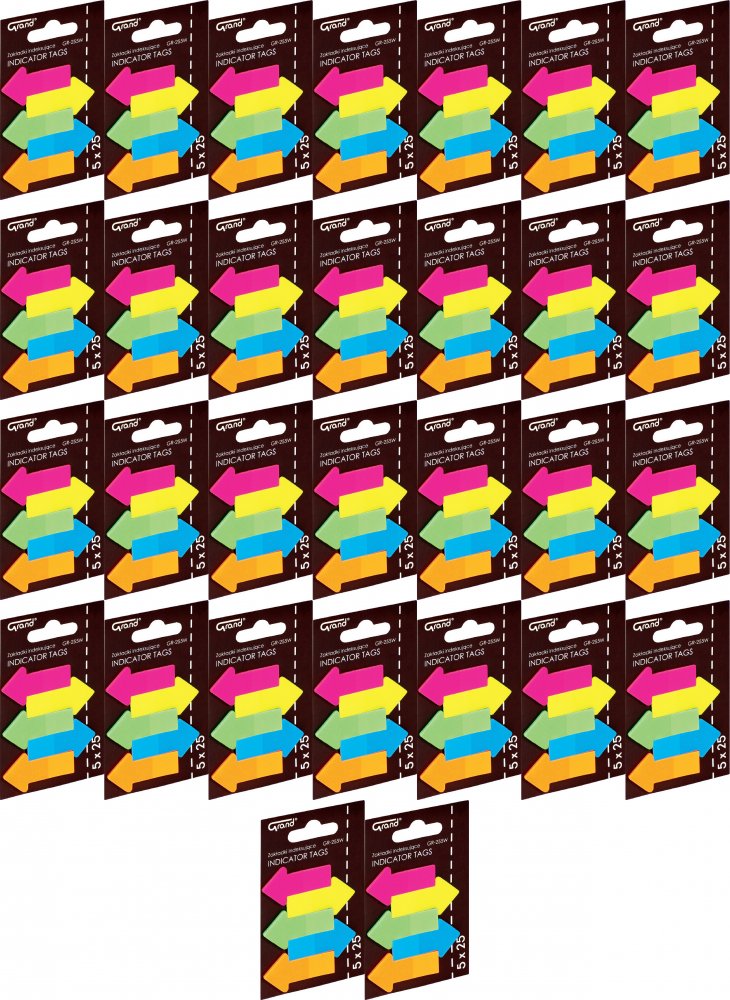 36x Zakładki samoprzylepne Grand GR-255W, strzałki, indeksujące, folia, 45x23mm, 5x25 sztuk, mix kolorów