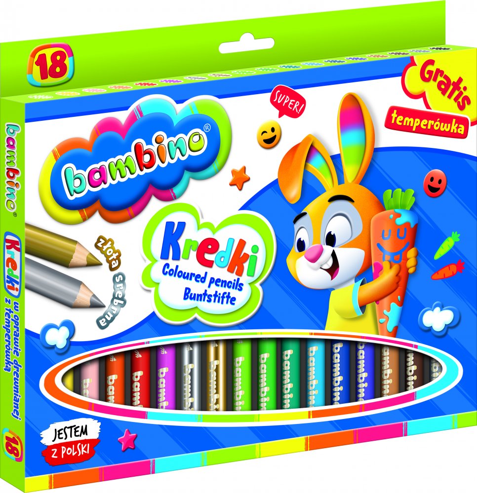 Kredki Bambino Zwierzaki Uczniaki, w oprawie drewnianej, 18 sztuk + temperówka, mix kolorów
