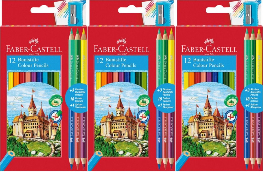 3x Kredki ołówkowe Faber Castell Zamek, 12 sztuk + 3 kredki dwustronne Bicolor + temperówka. mix kolorów
