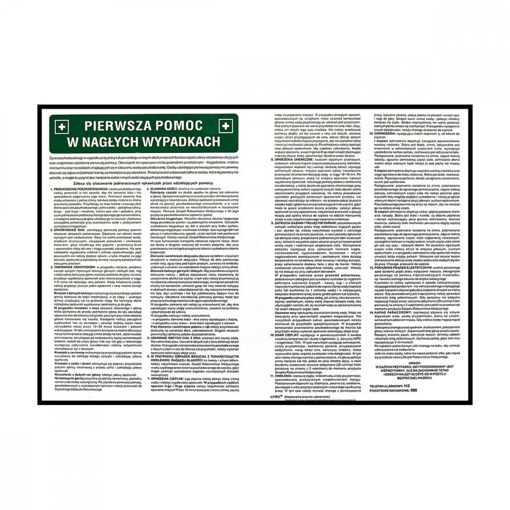 Znak bezpieczeństwa Anro,"Instrukcja pierwsza pomoc w nagłych wypadkach", płytka podklejona taśmą dwustronną