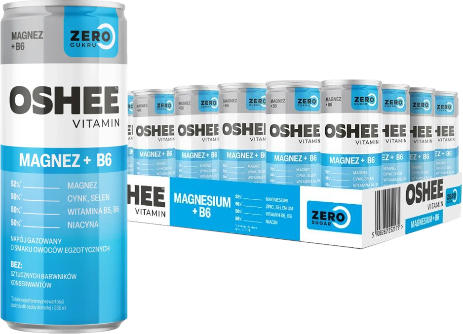 24x Napój gazowany Oshee Vitamin Energy Zero, Magnez + witamina B6, owoce egzotyczne, puszka, 250ml