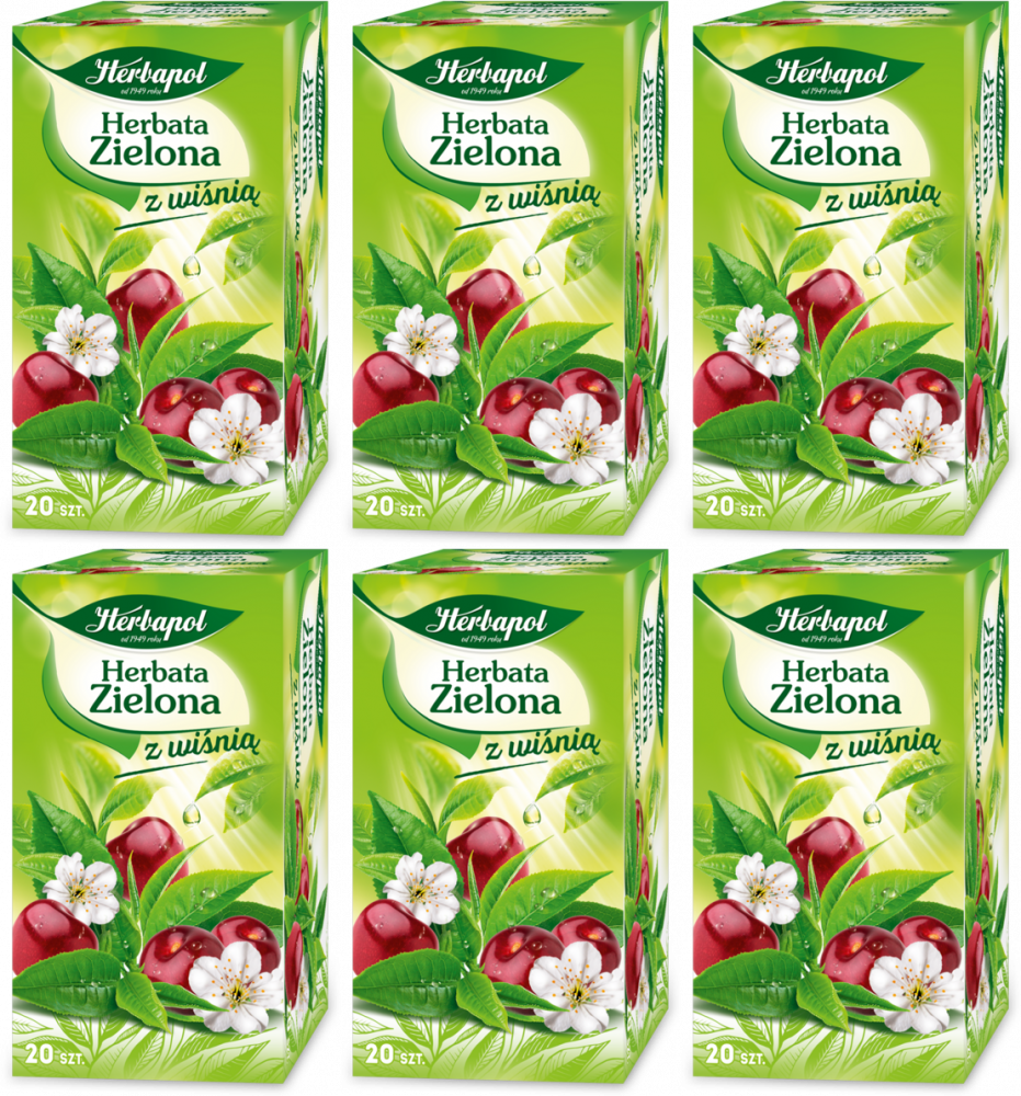 6x Herbata zielona w torebkach Herbapol, z wiśnią, 20 sztuk x 1.7g
