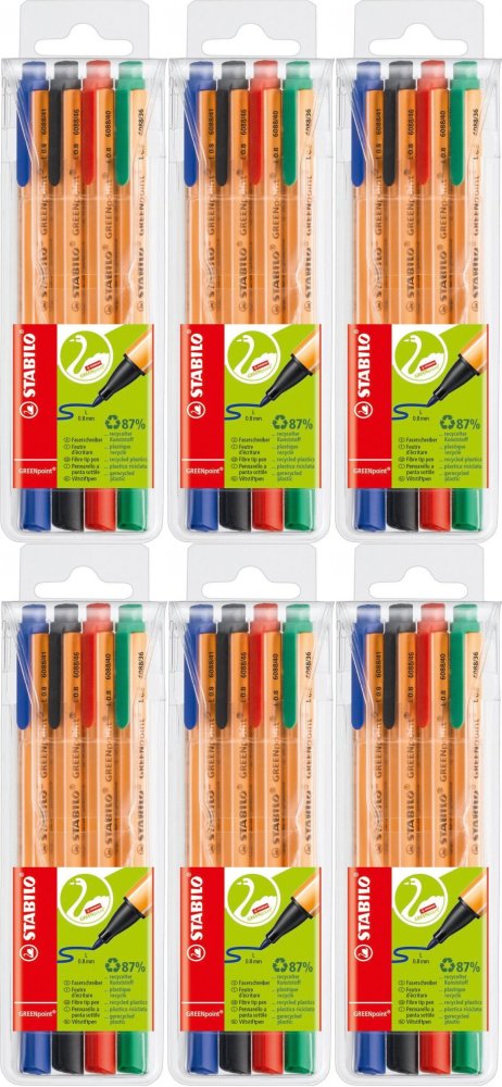 6x Cienkopis Stabilo Green Point, 0.8 mm, w etui, 4 sztuki, mix kolorów