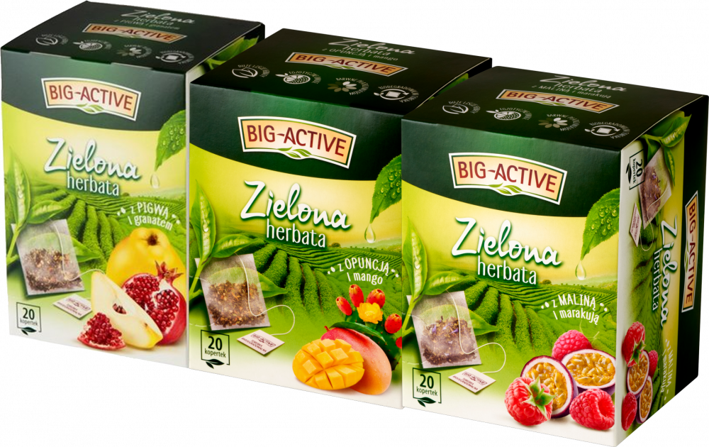 Zestaw 3x Herbata zielona smakowa Big-Active: malina, marakuja + opunjca, mango + pigwa, granat, 3x 20 sztuk x 1.7g