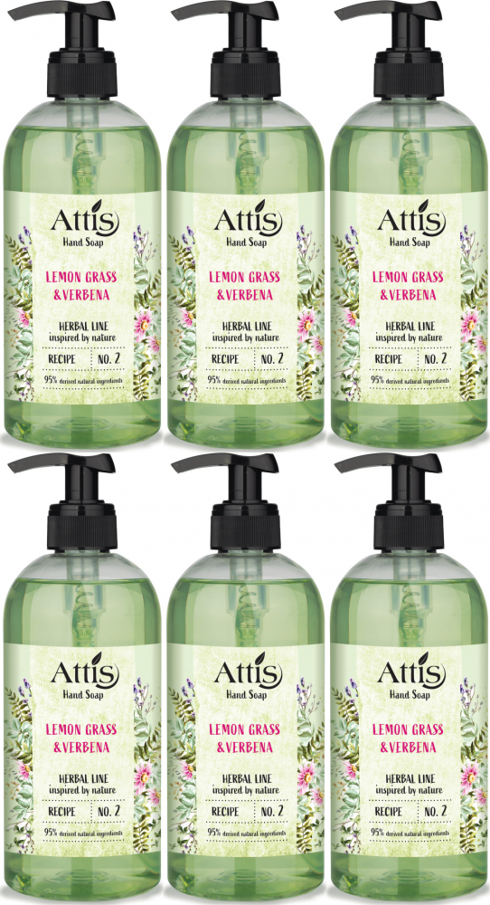 6x Mydło w płynie Attis Gold Drop Herbal Line, trawa cytrynowa & werbena, z dozownikiem, 500ml