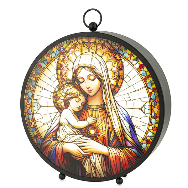 Lampion witraż LED czarny z Maryją z Dzieciątkiem 27x25cm