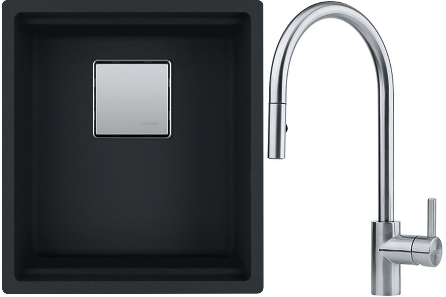 Franke Kanon KNG 110-37 zlewozmywak 37x42 cm z Fragranite czarny mat z baterią kuchenną Eos Neo stal szlachetna (1250633001, 1150590045)