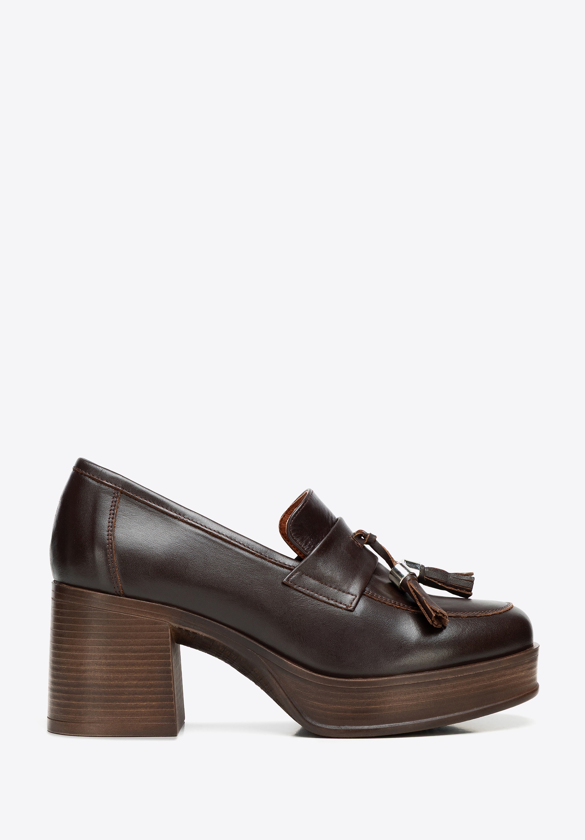 Damskie czółenka ze skóry naturalnej na słupku brązowe