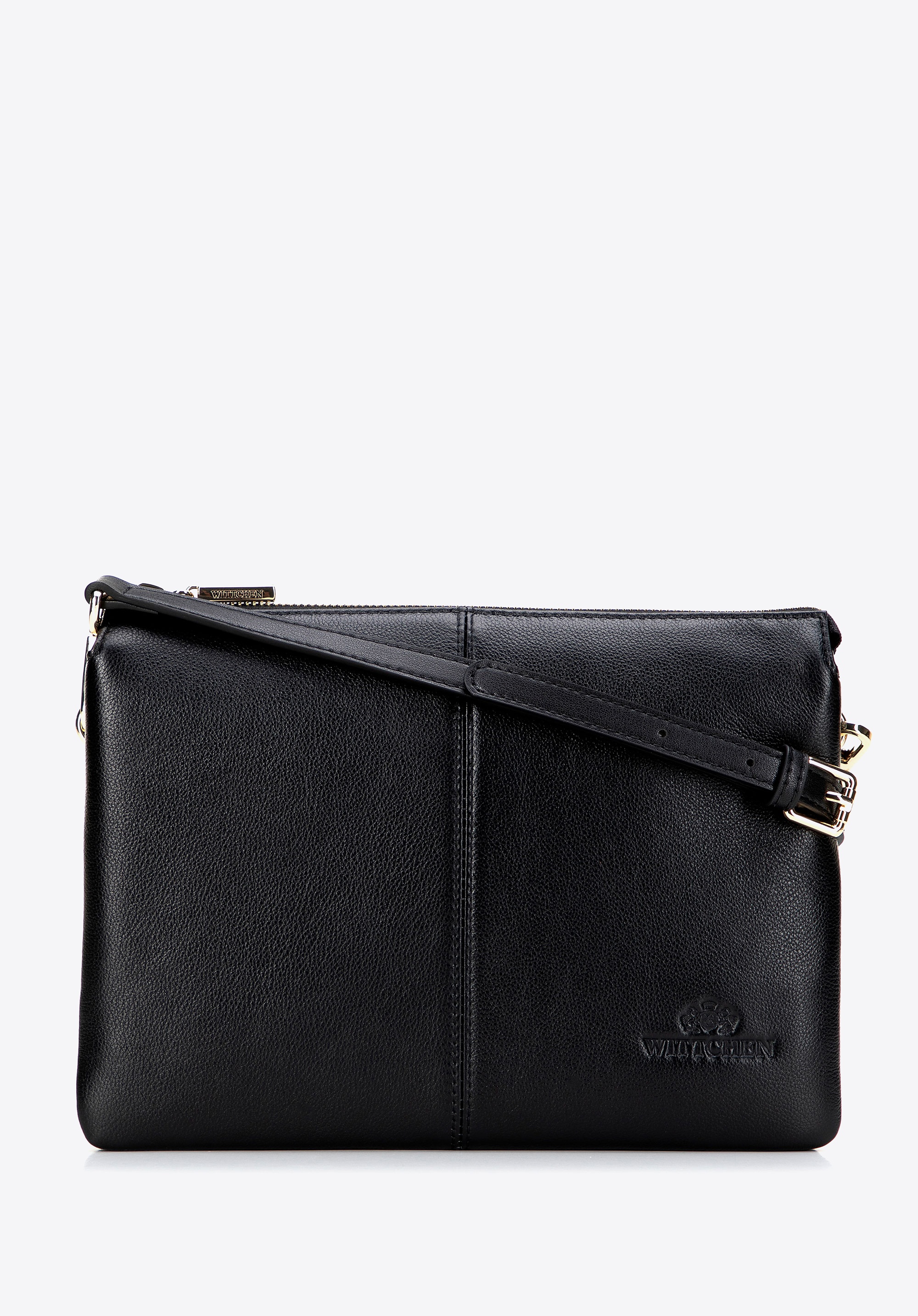 Klasyczna listonoszka skórzana z przeszyciem pośrodku czarno - złota