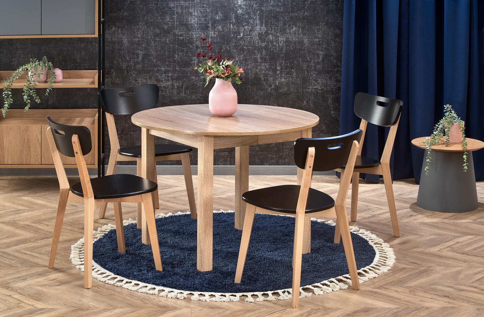 Zestaw jadalniany stół i cztery krzesła czarny, natur Niko