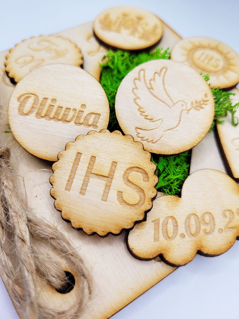 Drewniane scrapki, tabliczka Hostia IHS, Twój Napis, Imię, Kominia rękodzieło 3szt