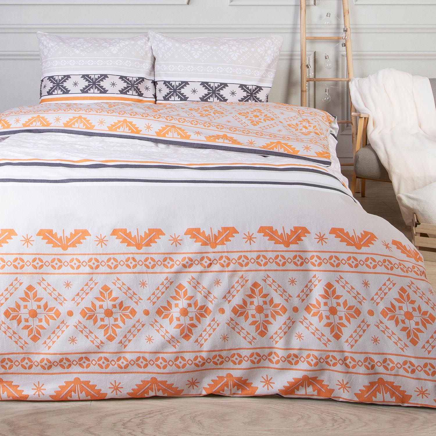 Pościel świąteczna 220x200 GRUBA 100% BAWEŁNA FLANELOWA boho pomarańczowy