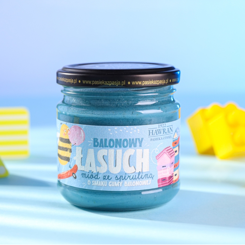 Balonowy łasuch - miód dla dzieci ze spiruliną 240g - Pasieka z Pasją Hawran