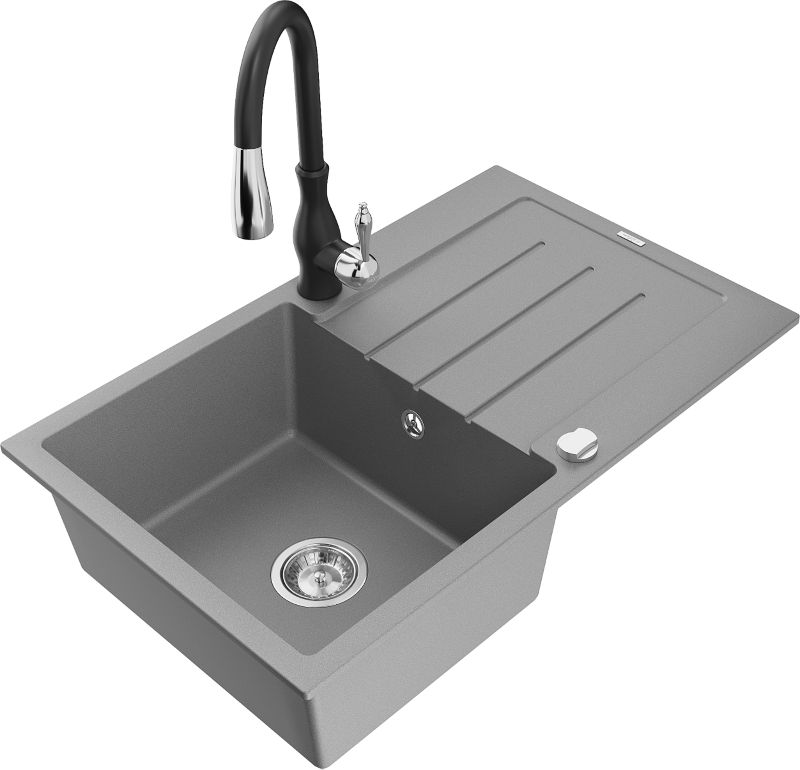 Zlewozmywak granitowy Mexen Bruno 1-komorowy z ociekaczem i baterią kuchenną Savita szary 6513-71-672601-70