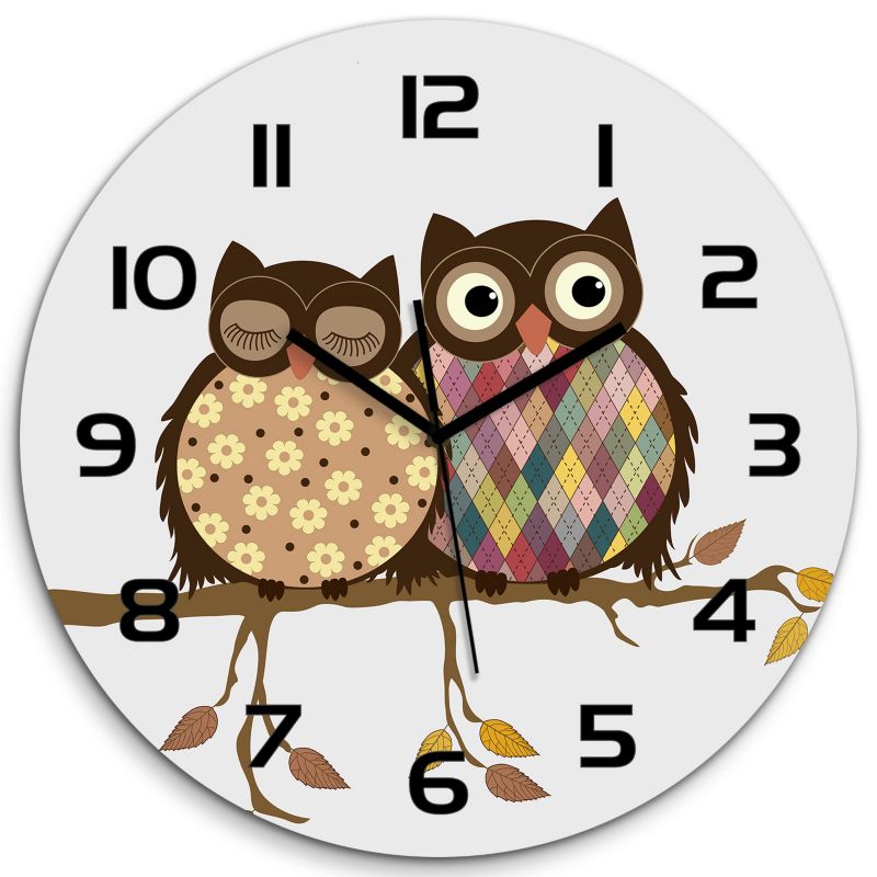 Zegar szklany Tulup Dwie sowy na gałęzi czarne wskazówki fi30 cm cichy 1 szt.