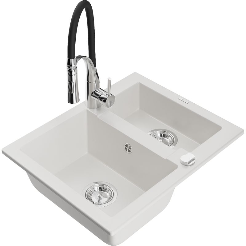 Zlewozmywak granitowy 1.5-komorowy Mexen Carlos z baterią kuchenną Aster biały 6518-20-73450-07