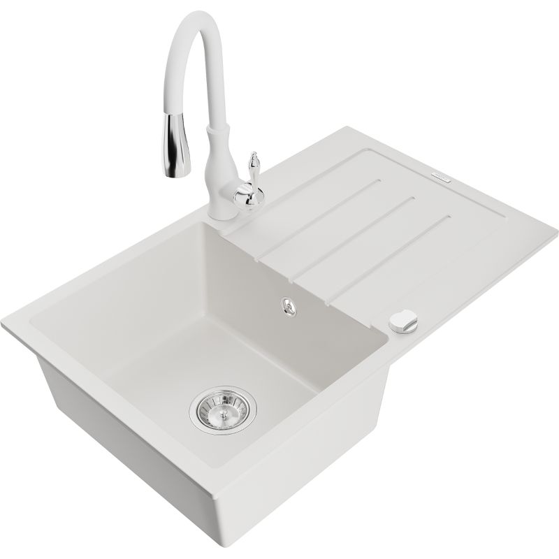 Zlewozmywak granitowy 1-komorowy Mexen Bruno z ociekaczem i baterią kuchenną Savita biały 6513-20-672601-20