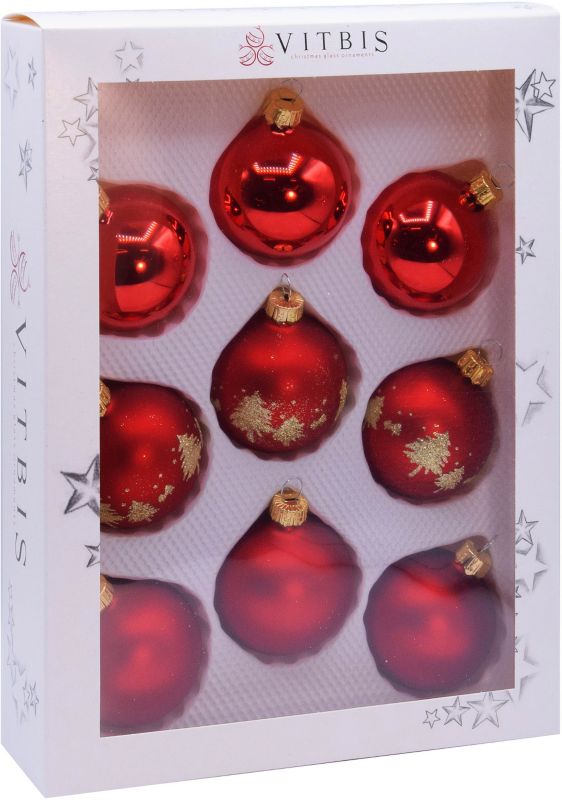 Bombki szklane Vitbis 6 cm gładkie i dekorowane czerwone 9 szt.