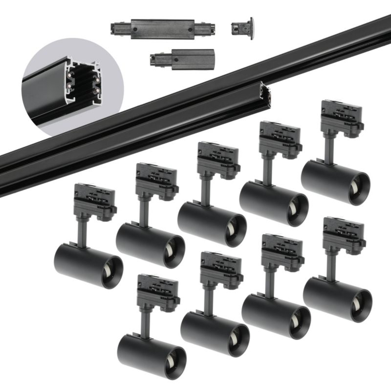 Zestaw szynowy 3-fazowy szyna 1m+2m, 9x Lampa, łącznik prosty czarny 1kpl.