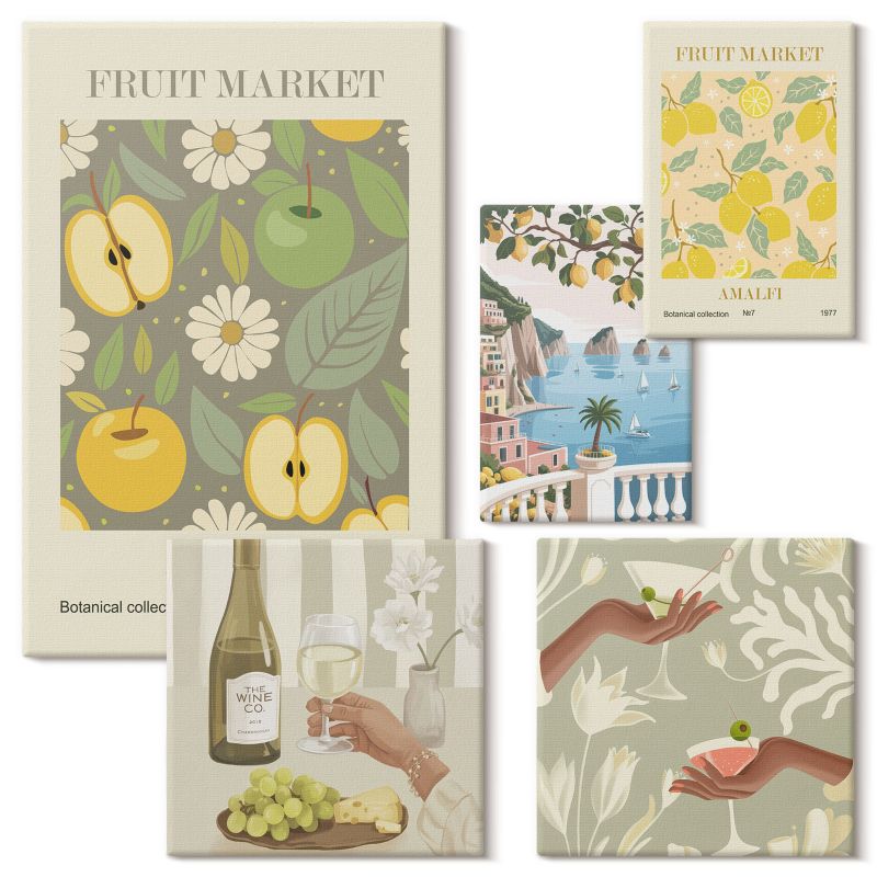 Galeria Obrazów Na Płótnie Wallfluent Owocowe wzory retro postery 5 szt.