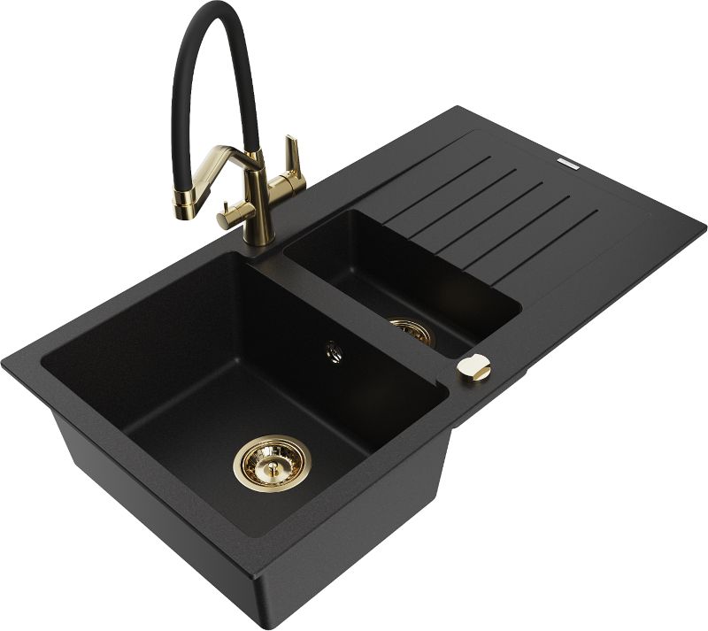 Zlewozmywak granitowy Mexen Matias 1,5-komorowy z ociekaczem i baterią kuchenną Rita czarny - 6502-76-670300-70-B 1 szt.