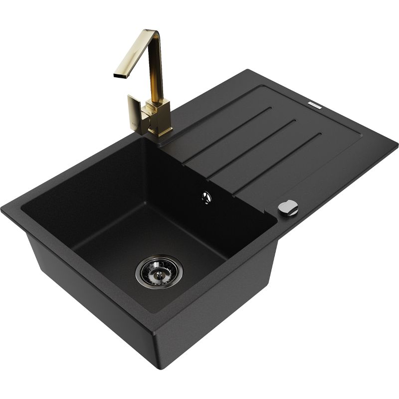 Zlewozmywak granitowy 1-komorowy Mexen Bruno z ociekaczem i baterią kuchenną Rita czarny nakrapiany - 6513-76-670300-70-B 1 szt.