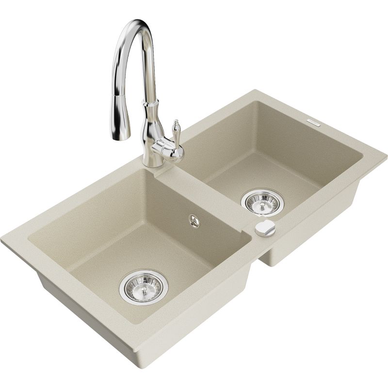 Zlewozmywak granitowy 2-komorowy Mexen Mario z baterią kuchenną Savita beżowy - 6504-69-672601-70 1 szt.