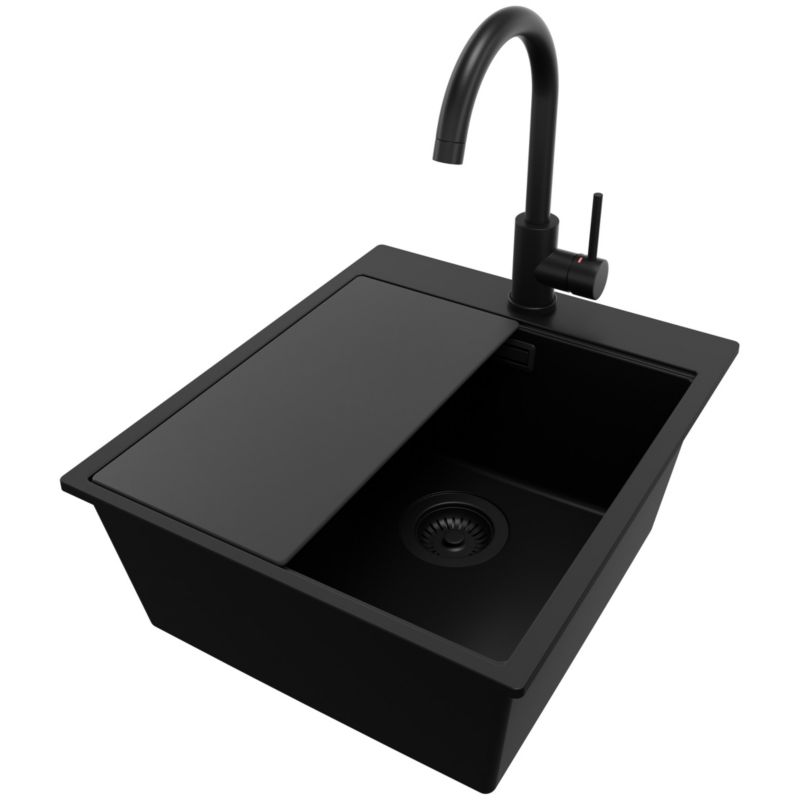 PRIMAGRAN Zlewozmywak Granitowy Cały Czarny 43x50cm, Zlew Kuchenny 1 Komorowy + Syfon + Akcesoria, Nablatowy do szafki od 45cm