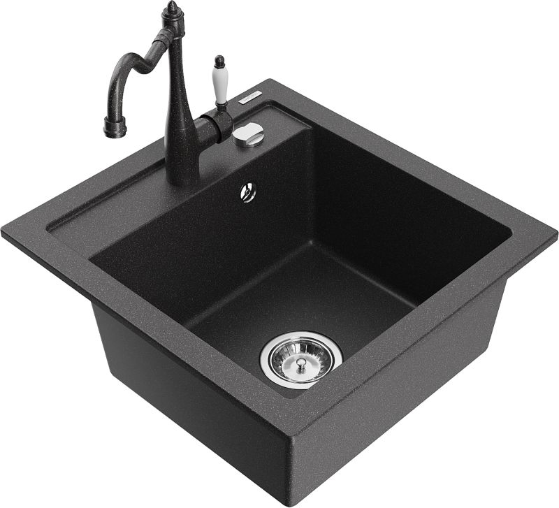 Zlewozmywak granitowy Mexen Vito 1-komorowy z baterią kuchenną Duero czarny - 6503-76-671600-76 1 szt.