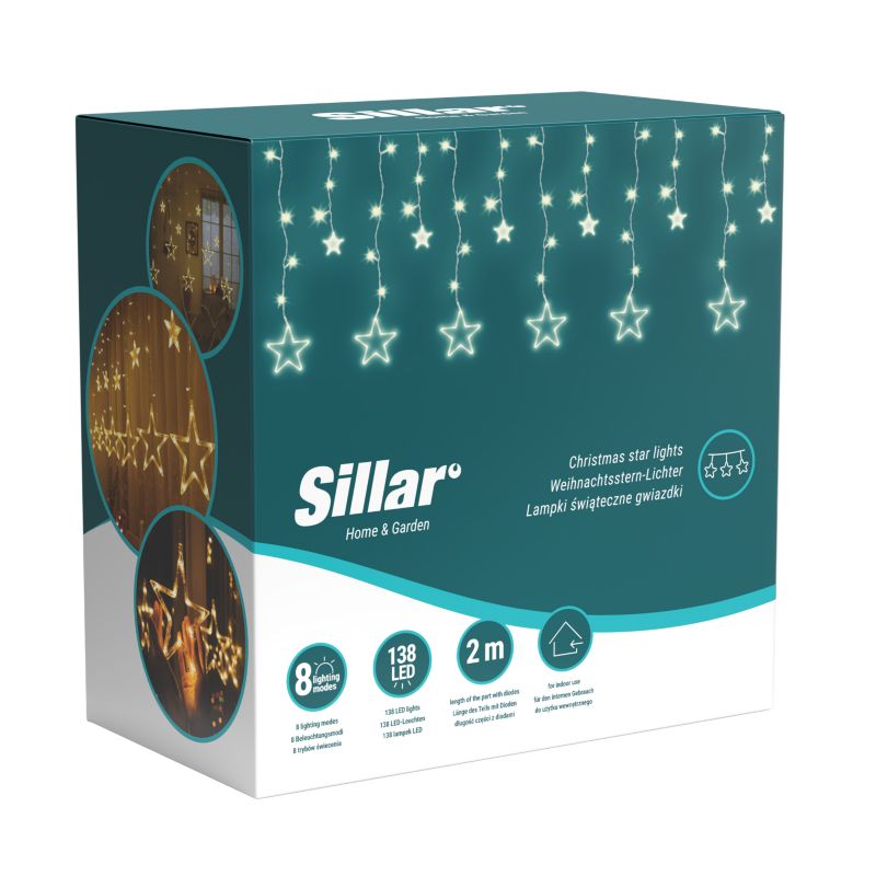 Kurtyna świetlna LED, Sillar, girlanda, gwiazdki, 8 trybów, z pilotem, lampki świąteczne, 138 LED, 3.5 m, ciepły biały, 1szt